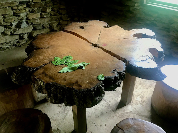 A table top with a leaf on it near the edge of the table.