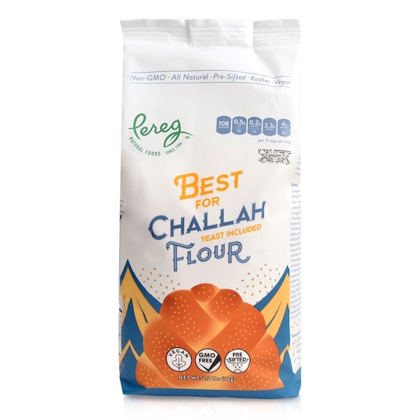 A white and blue bag of Pereg Challah Flour.