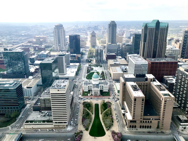 Lots of downtown buildings seen from the top of the Gateway Arch Saint Louis MO.