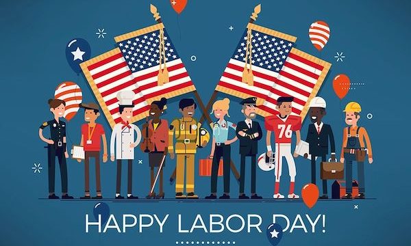 Various workers celebrating Labor Day with 2 American Flags