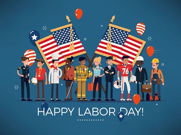 Various workers celebrating Labor Day with 2 American Flags 