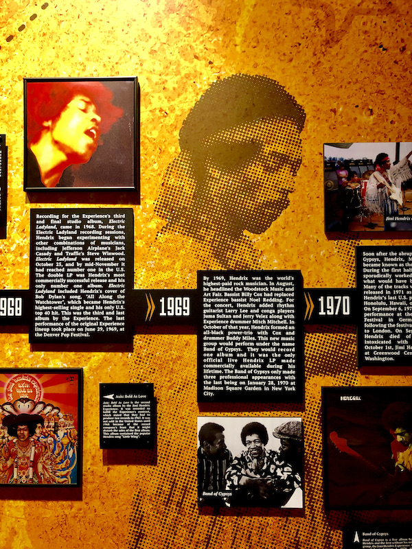 A wall of photos and info about Jimi Hendrix at the Musicians Hall of Fame Nashville