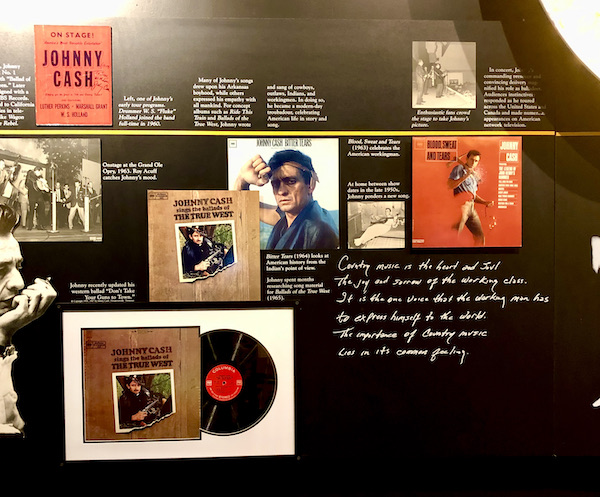 A wall of Johnny Cash albums on display at the Musicians Hall of Fame Nashville