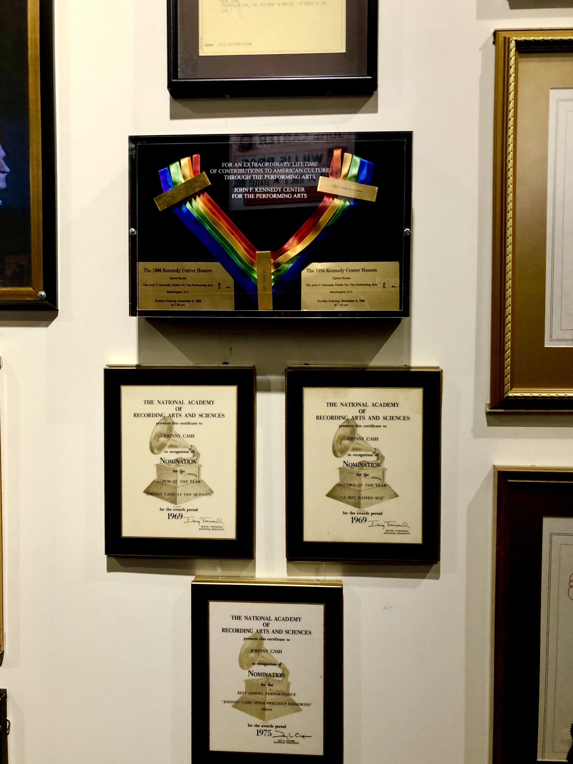 Awards given to Johnny Cash on display at the Musicians Hall of Fame Nashville