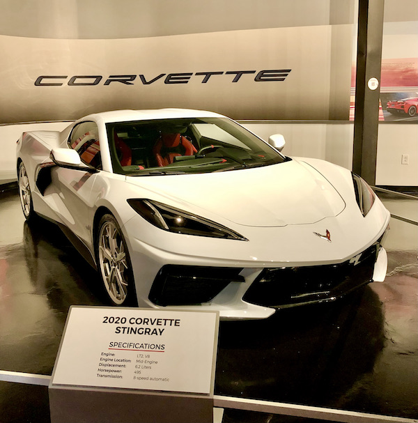 An all white 2020 Corvette Stingray on display at the National Corvette Museum