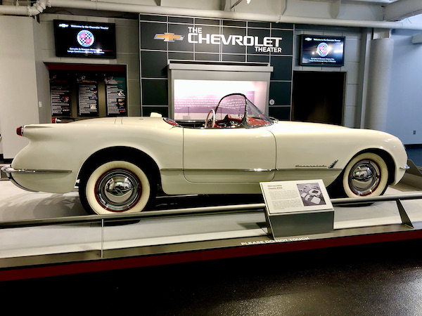 Side view of a white 1953 Corvette convertible at the National Corvette Museum