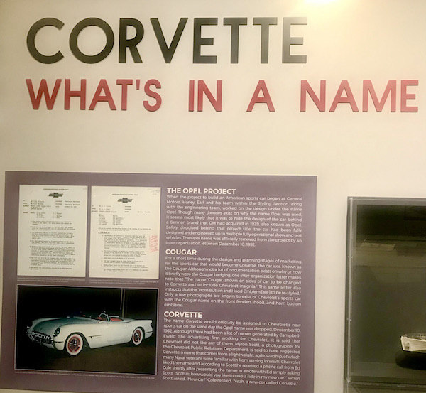 A large sign explaining how the Corvette got its name.