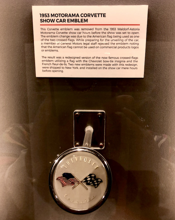 A display with the original Corvette insignia at the National Corvette Museum