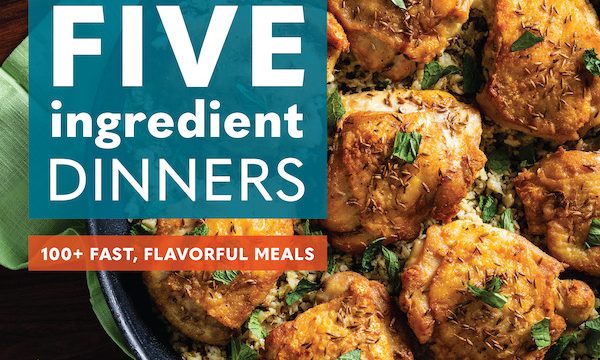 A cookbook cover with food cooking in a pan and the title Five Ingredient Dinners