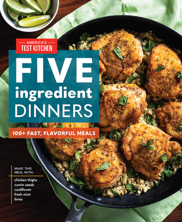 A cookbook cover with food cooking in a pan and the title Five Ingredient Dinners
