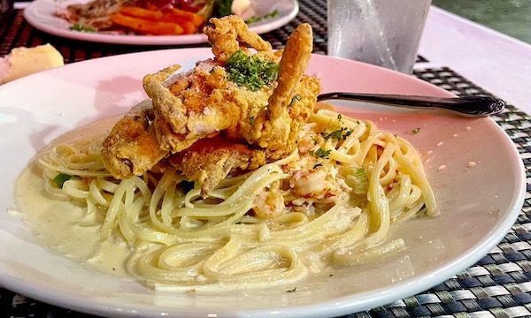 A white plate topped with pasta, crawfish tail meat and a fried crab at Maple Street Café New Orleans