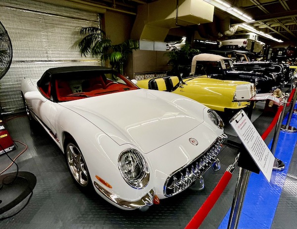 A white Corvette honoring the 50th anniversary of the Corvette.