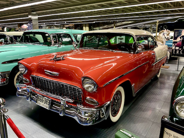 A red and white 1955 Chevy Bel Air.