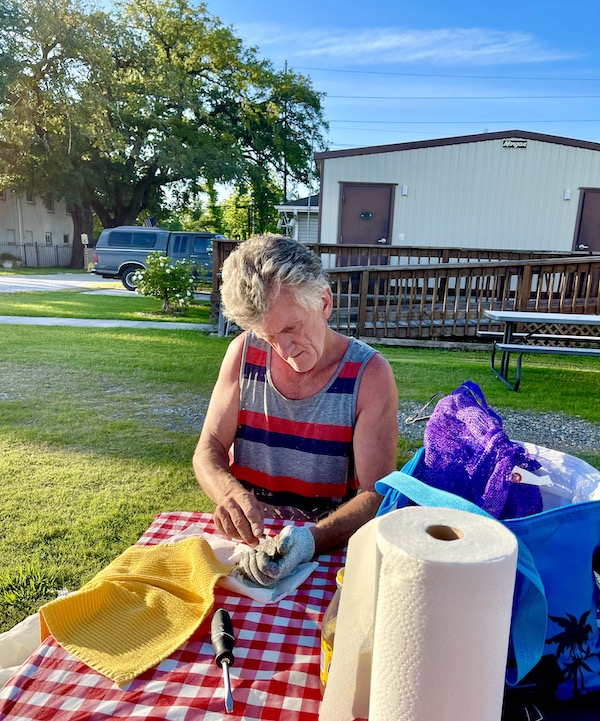 A man sitting at a picnic table shucking fresh oysters.