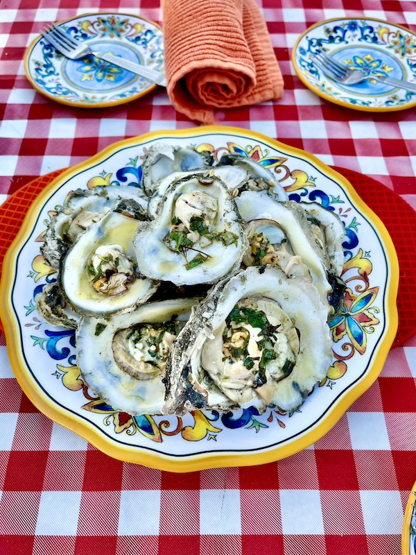 A colorful plate topped with oysters on the half shell sitting on a red checkered cloth.