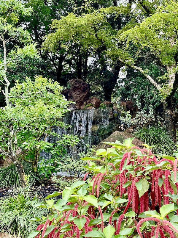 Gardens of green trees and bushes and one in the lower right with red hanging fuzzy tubes.