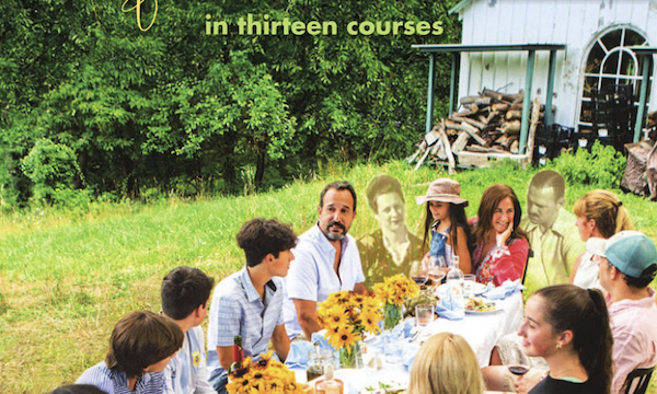 The cover of a book with people seated at a table enjoying food from Sobremesa - A Memoir of Food and Love