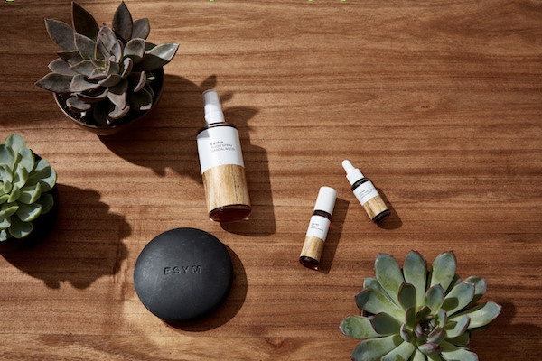 A wood table top strewn with rooms spray bottles and succulent plants