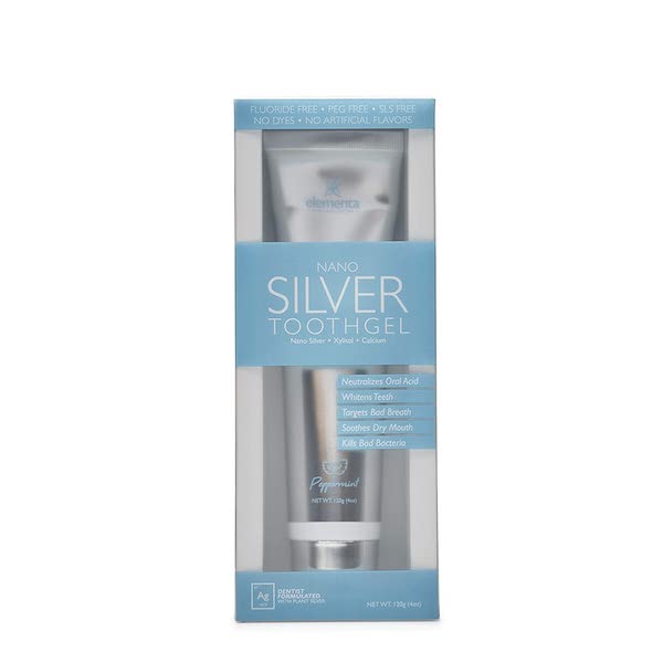 A silver tube of toothpaste in a blue and silver box.