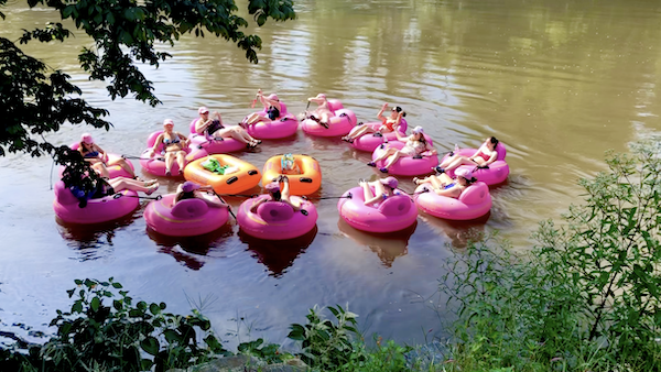 A group of people floating down a river in round hot pink rafts down a river in Art Mecca Asheville North Carolina