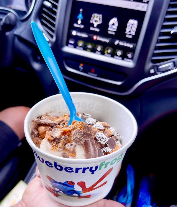A red white and blue cup filled with ice cream and candies inside a car in Beautiful Greenville South Carolina
