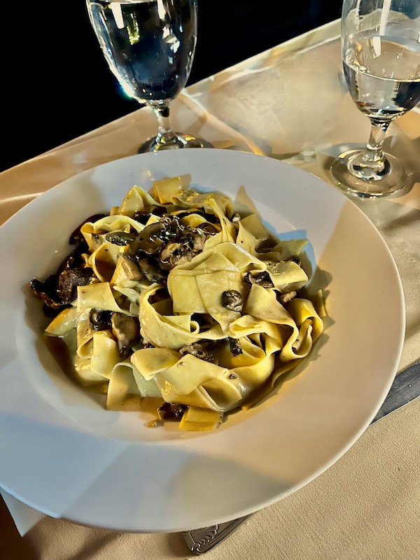 A large white plate topped with wide noodles and lots of sliced mushrooms at La Padella Ristorante Ventnor NJ