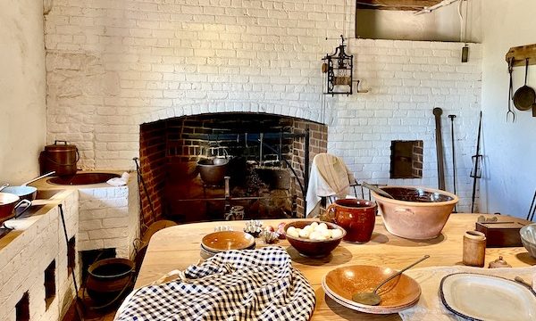 The large kitchen at Thomas Jefferson's Monticello with burners, fireplace and work table.
