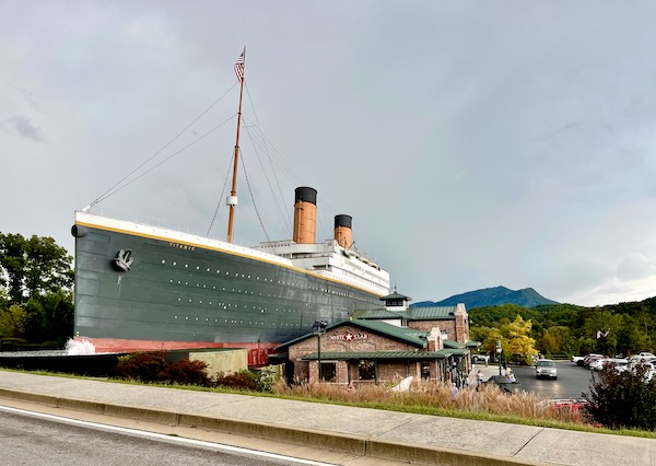 A replica of Titanic as seen from the street.