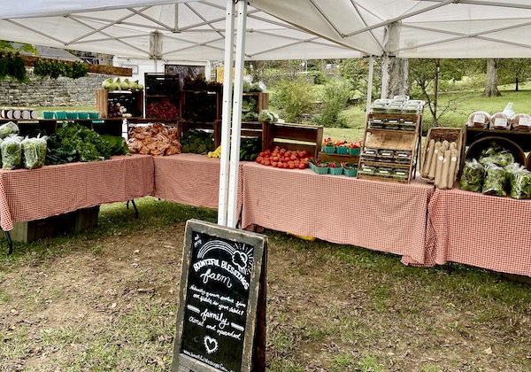 A farm stand with greens, tomatoes and herbs on display at the Farmers Market Nashville TN