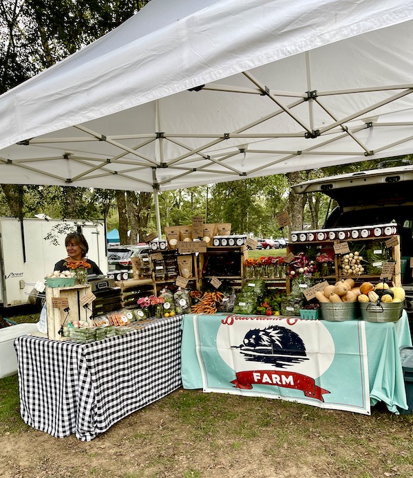 A farmer displaying baby carrots and peppers along with lots of other produce at Farmers Market Nashville TN