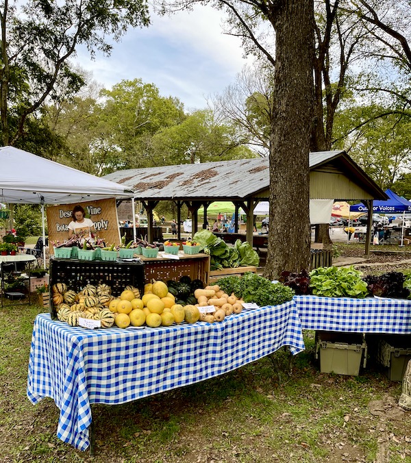 A farm stand with squashes and purple and green okra on display.