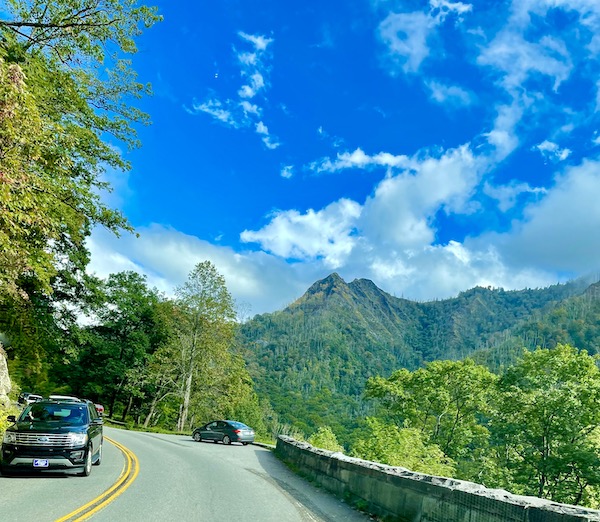 Mountain road with cars, trees and mountains at Great Smoky Mountains National Park