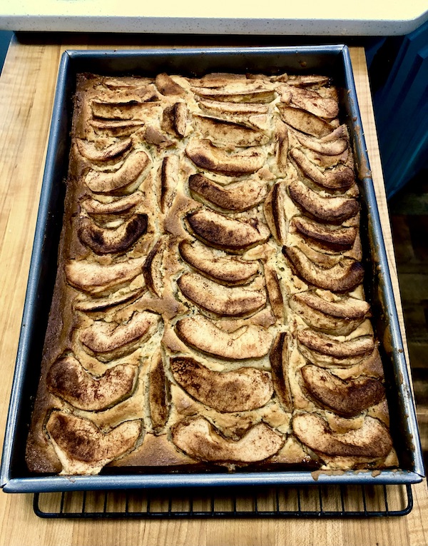 An Italian Apple Cake cooling in the pan on a wood counter.
