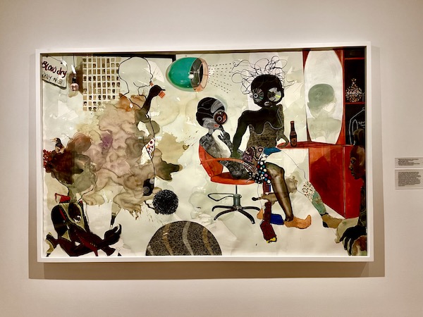 A collage in subtle shades depicting a hair salon with customers at the Knoxville Museum of Art Tennessee