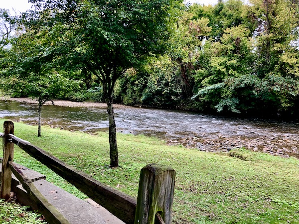 A wood fence, lawn, trees and a creek.