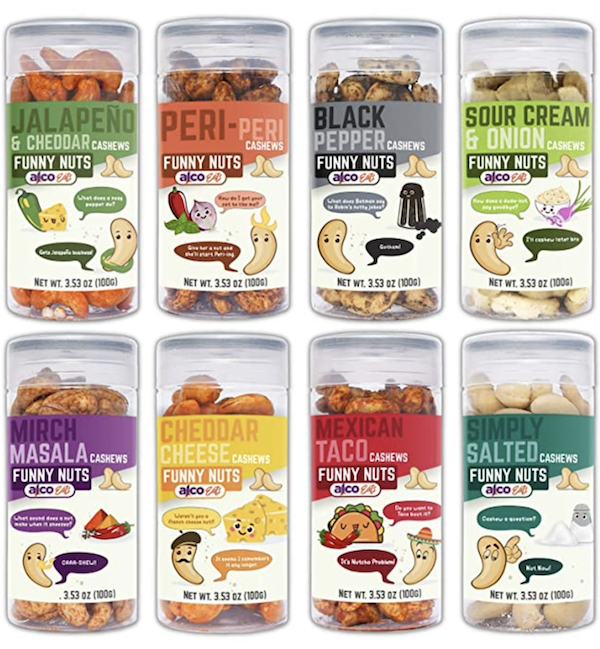 8 bags of different cashew flavors from Exciting New and Delicious Products