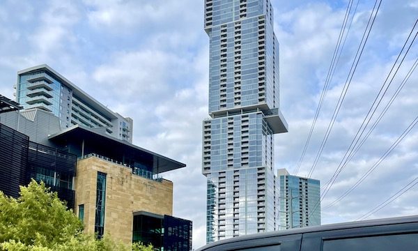 A glass building with offset sections in Fabulous Austin Texas