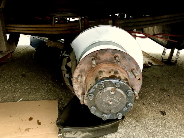 An old and worn out brake on the wheel of our RV.