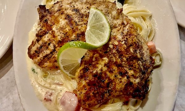 Pasta topped with grilled chicken breast and a fresh lime twisted slice from Nik's Italian Kitchen Austin TX