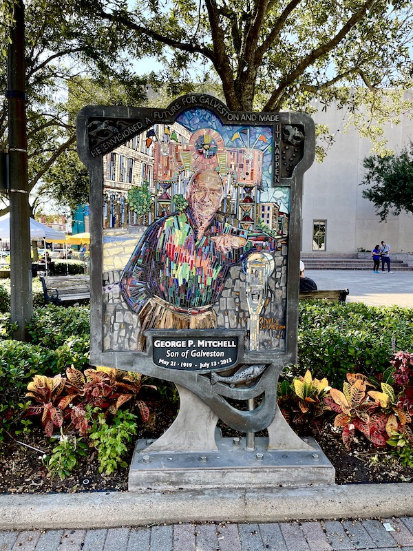 A colorful painting of a man in a garden setting in Wonderful Galveston Island Texas