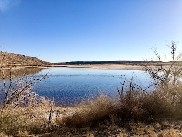 A deep blue lake surrounded by rocks and reeds at Bottomless Lakes State Park Roswell NM