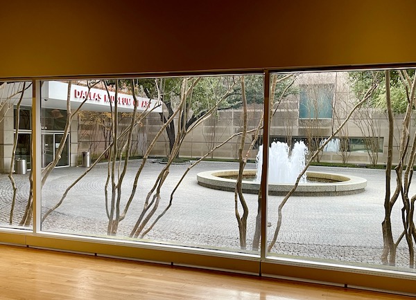 From inside looking out at fountain and entrance to the Dallas Museum of Art