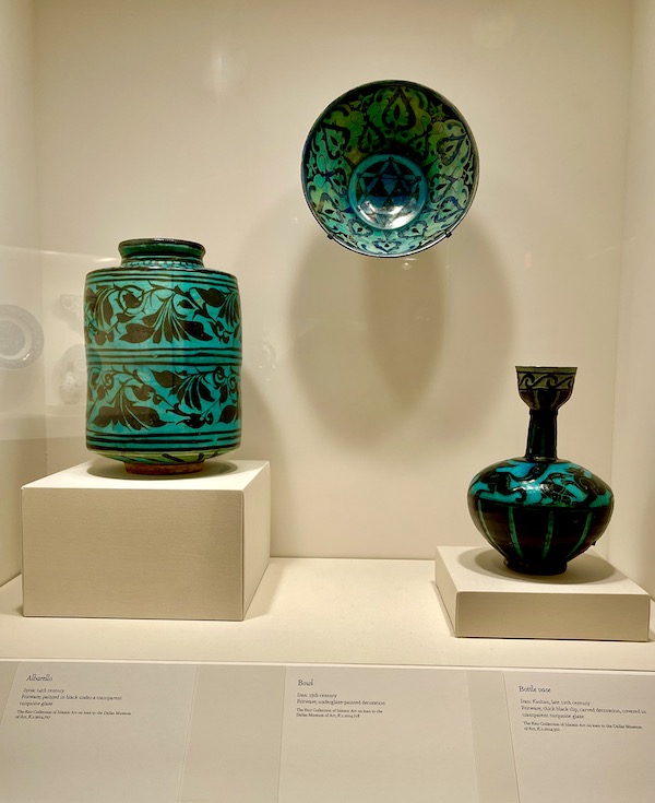 A trio of turquoise ceramic vessels at the Dallas Museum of Art