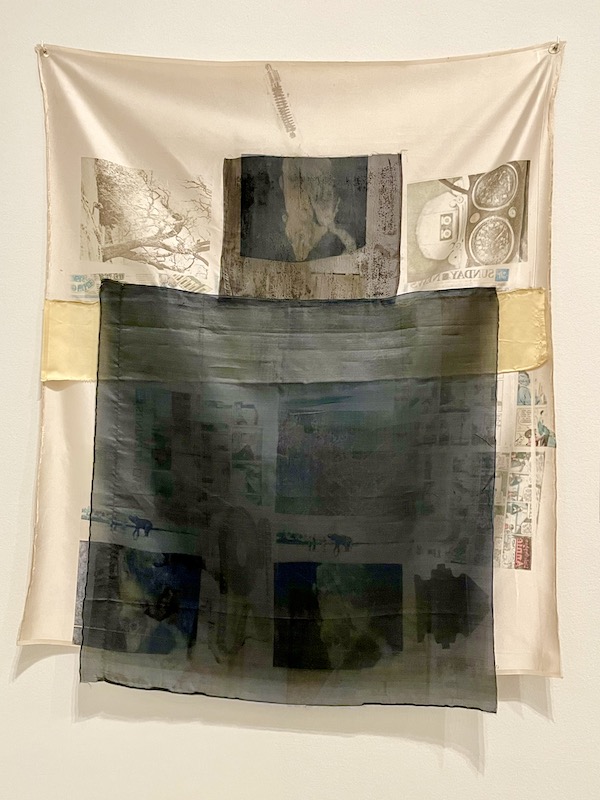Ink on unstretched fabric hanging in layers at the Port Arthur born Texas artist Robert Rauschenberg painted this delicate piece of art using ink on unstretched fabric.