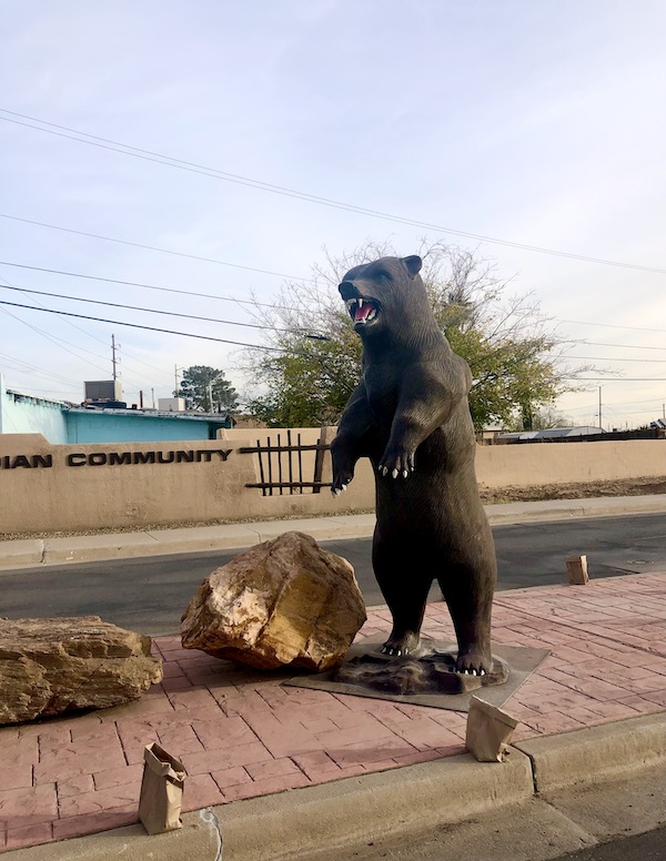 A large sculpture of a standing bear seen on the El Paso Texas Mission Trail