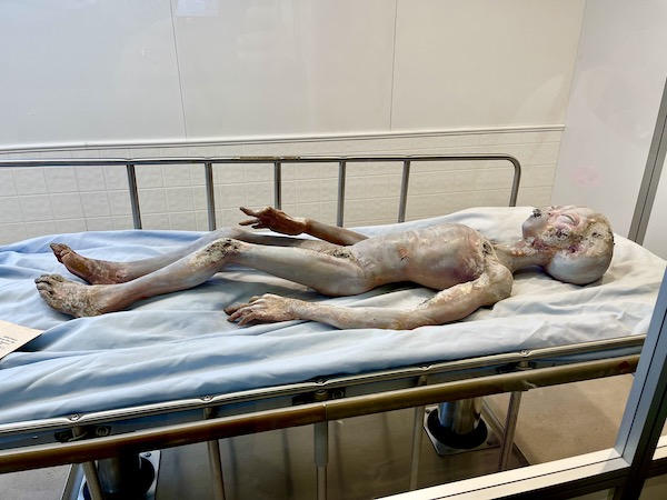 An alien life form lying on a hospital bed sealed in a glass case at the International UFO Museum Roswell NM
