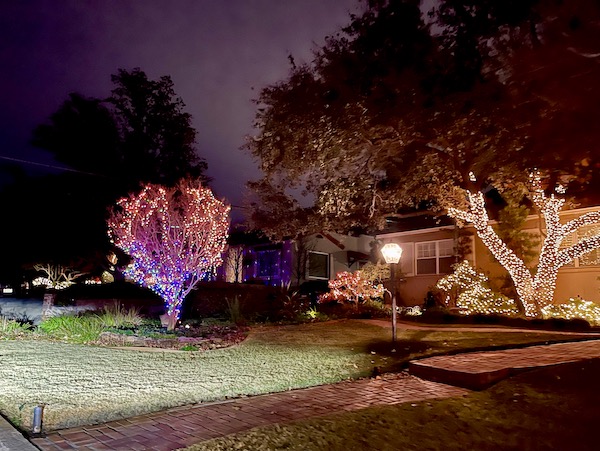 A house lit up at night with lights on trees and bushes along the Scenic Drive El Paso Texas