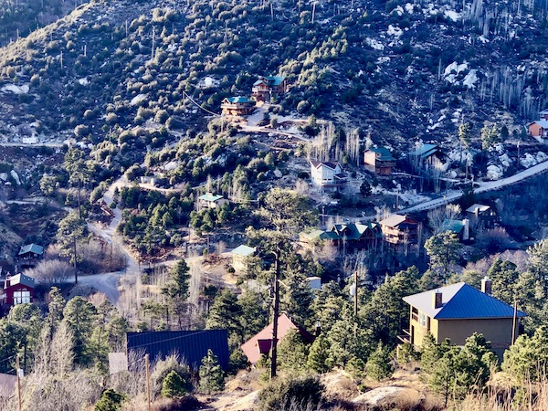 Many homes dotted on the side of a mountain on our drive up Mount Lemmon Tucson AZ