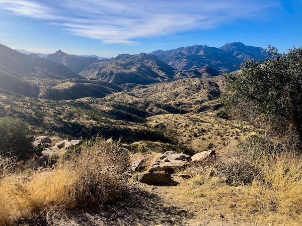 Several mountains, greenery and rocks with blue sky as we drove up Mount Lemmon Tucson AZ