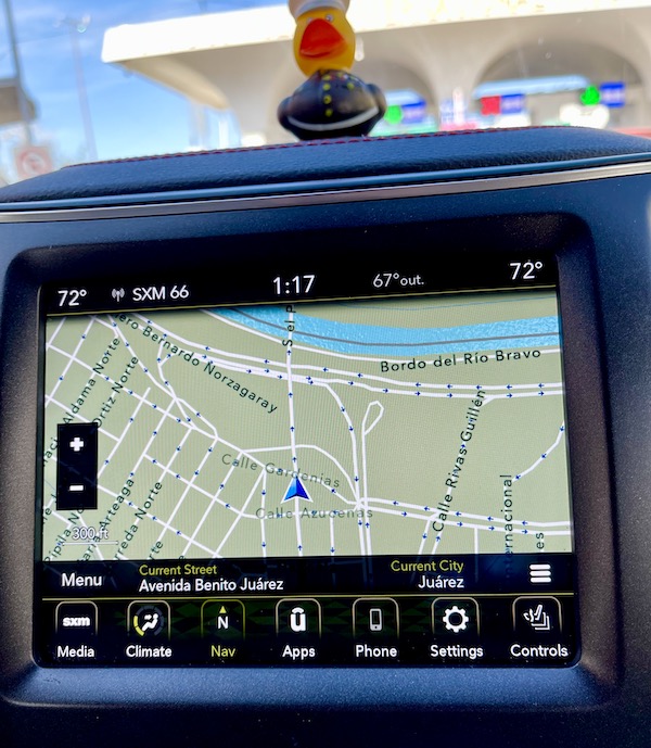 A car's GPS screen showing the border between Mexico and USA from Our Trip to Mexico and Lunch
